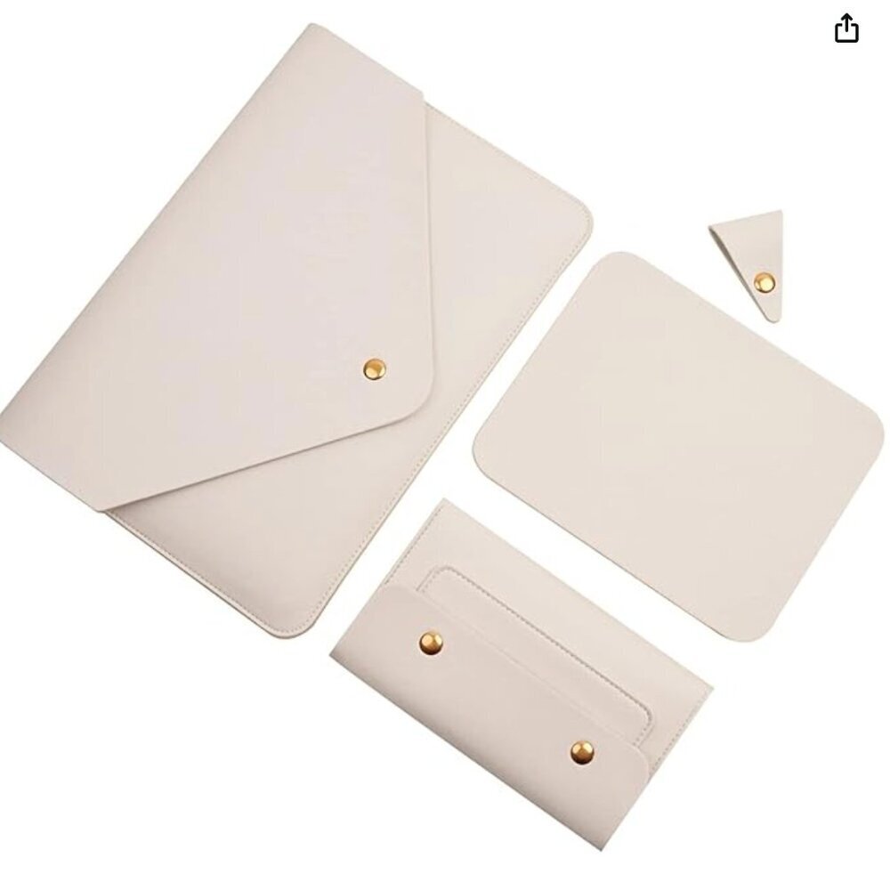 Leather white ivory laptop sleeve set with accessory bag